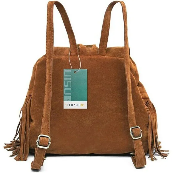 ✨Women Brown Leather Suede Fringed Tassel Backpack Purse Fashion Shoulder Bag - Picture 7 of 7